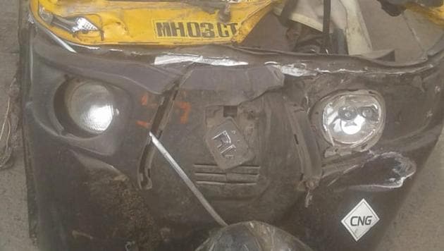 The auto rickshaw was crushed between the cement truck and the bus on the EEH. (HT PHOTO) The auto rickshaw was crushed between the cement truck and the bus on the EEH. (HT PHOTO)