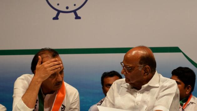 NCP president Sharad Pawar (right) with NCP leader Ajit Pawar at a gathering to celebrate the party’s twentieth anniversary in Mumbai on Monday.(BHUSHAN KOYANDE/HT PHOTO)