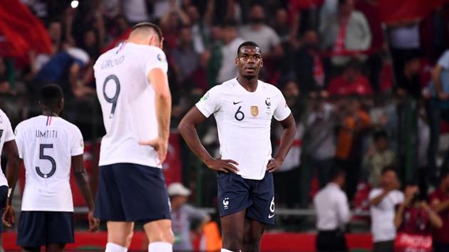 France's Midfielder Paul Pogba react after Turkey’s second goal. (AFP) France's Midfielder Paul Pogba react after Turkey’s second goal. (AFP)
