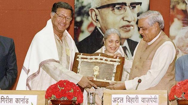 Former Prime Minister Atal Bihari Vajpayee presents the Jnanpith Award to Girish Karnad on March 27, 1999, in New Delhi. During his lifetime Karnad was recognized many times for his work in art and culture with honours such as the Padma Shri (1974), the Padma Bhushan (1992) and several National Film Awards. (HC Tiwari / HT Archive) Former Prime Minister Atal Bihari Vajpayee presents the Jnanpith Award to Girish Karnad on March 27, 1999, in New Delhi. During his lifetime Karnad was recognized many times for his work in art and culture with honours such as the Padma Shri (1974), the Padma Bhushan (1992) and several National Film Awards. (HC Tiwari / HT Archive)