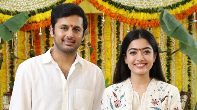 Nithiin, Rashmika Mandanna at the launch of Bheeshma.