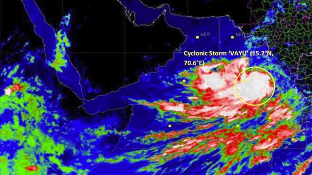The India Meteorological Department has issued the Orange Warning, which predicts the landfall and the likely impact of a cyclone, alerting government agencies that the cyclone is about 24 hours away from the coast. Cyclone ‘Vayu’ intensified into a cyclonic storm and is likely to hit the Gujarat coast on June 13 morning. (IMD via AP) The India Meteorological Department has issued the Orange Warning, which predicts the landfall and the likely impact of a cyclone, alerting government agencies that the cyclone is about 24 hours away from the coast. Cyclone ‘Vayu’ intensified into a cyclonic storm and is likely to hit the Gujarat coast on June 13 morning. (IMD via AP)