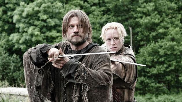 Nikolaj Coster-Waldau and Gwendoline Christie as Jaime Lannister and Brienne in Game of Thrones.