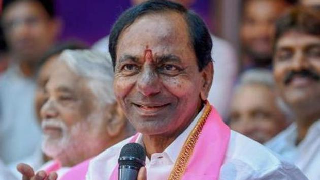 TRS president and chief minister K Chandrasekhar Rao, who addressed the TRS parliamentary party meeting at his camp office Pragati Bhavan on Thursday afternoon, discussed in detail the strategy to be adopted by the party MPs in the ensuing parliament session.(PTI PHOTO)