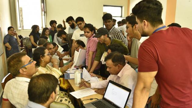 Many male aspirants visiting the university with admission related queries were surprised to know that either several courses are not available for them or they have very few college options in these courses.(Sanchit Khanna/HT File Photo/representative Image)