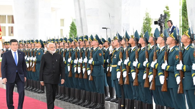 PM Narendra Modi with Kyrgyz President Sooronbai Jeenbekov at Bishkek. (Photo by @narendramodi) PM Narendra Modi with Kyrgyz President Sooronbai Jeenbekov at Bishkek. (Photo by @narendramodi)