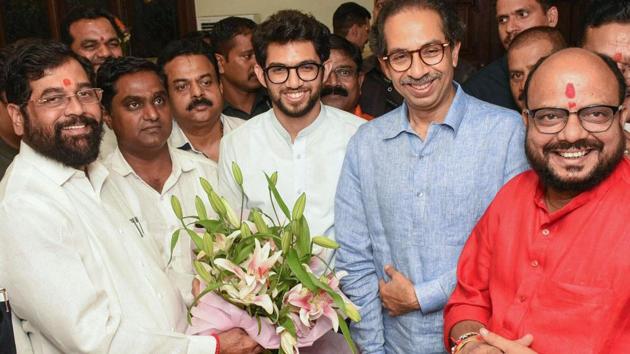 Shiv Sena leader Aditya Thackeray receives a bouquet from party workers and supporters on his birthday, in Mumbai, Thursday, June 23, 2019. (PTI) Shiv Sena leader Aditya Thackeray receives a bouquet from party workers and supporters on his birthday, in Mumbai, Thursday, June 23, 2019. (PTI)