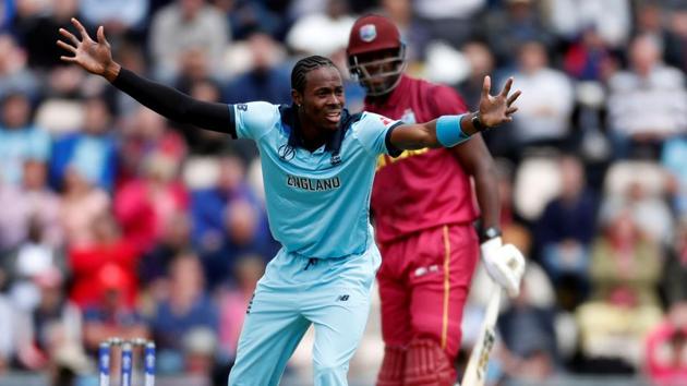 England's Jofra Archers celebrates taking the wicket of West Indies Carlos Brathwaite. (Action Images via Reuters)