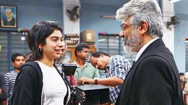 Khushi Kapoor met actor Ajith Kumar on sets of Nerkonda Paarvai.