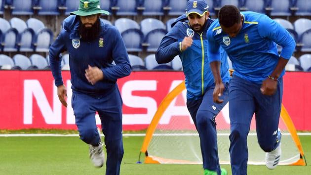 South Africa's Hashim Amla (L), Tabraiz Shamsi (C) and Kagiso Rabada attend a training session. (AFP) South Africa's Hashim Amla (L), Tabraiz Shamsi (C) and Kagiso Rabada attend a training session. (AFP)