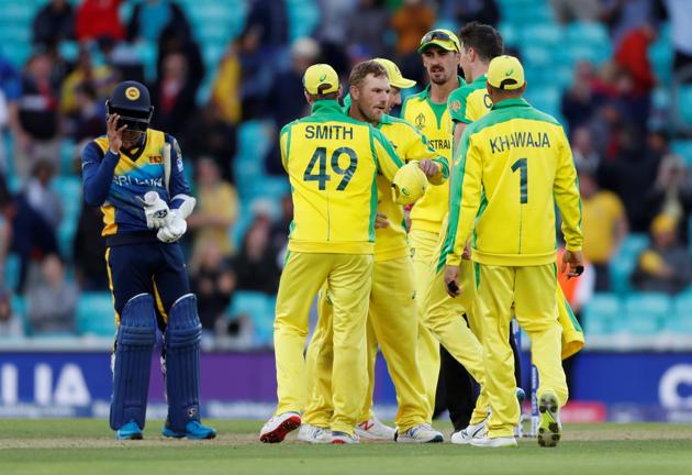 Australia's Aaron Finch, Steven Smith and team mates celebrate winning the game against Sri Lanka. (Action Images via Reuters)