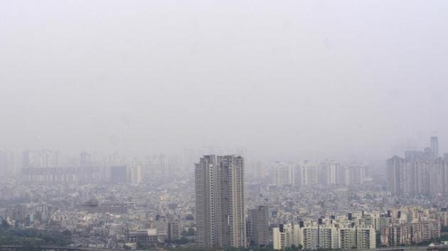 Hazy views of the city skyline due to increased air pollution, in Noida, India, on Monday, May 13, 2019.((Photo by Sunil Ghosh / Hindustan Times))