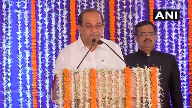 Former Congressman and Leader of Opposition in Maharashtra Radhakrishna Vikhe Patil takes oath as a minister in the Devendra Fadnavis government on Sunday.(ANI)