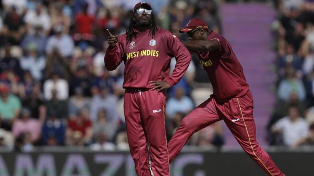 West Indies' Chris Gayle reacts after making an unsuccessful wicket appeal during the Cricket World Cup match.(AP)