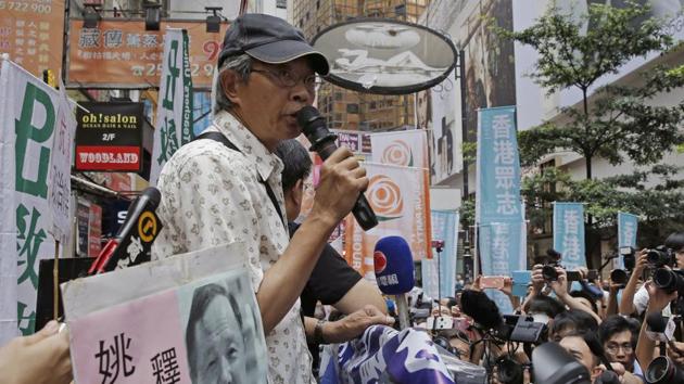 Freed Hong Kong bookseller Lam Wing-kee during a protest march to the Chinese central government’s liaison office. Gui Minhai, one of the booksellers who disappeared in 2015, was arrested on a train in China while travelling with two Swedish diplomats. Gui, a Swedish citizen, had been released in October 2017. (Kin Cheung / AP File)