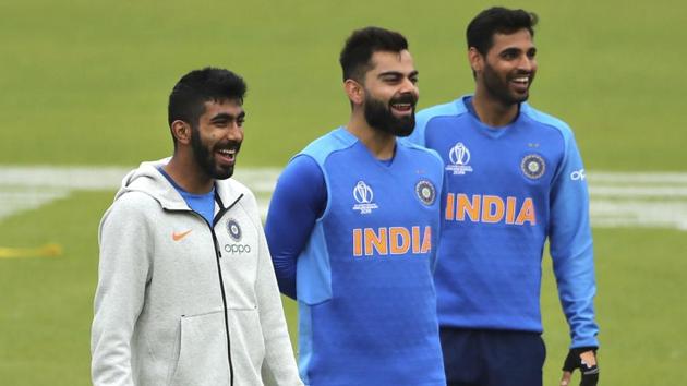 India's captain Virat Kohli, Jasprit Bumrah and Bhuvneshwar Kumar attend a training session. (AP) India's captain Virat Kohli, Jasprit Bumrah and Bhuvneshwar Kumar attend a training session. (AP)