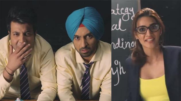 Kriti Sanon gives Diljit Dosanjh and Varun Sharma a lecture on marketing.