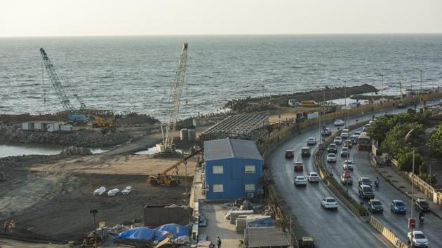 Ongoing coastal road work at Worli in Mumbai.(HT FILE)