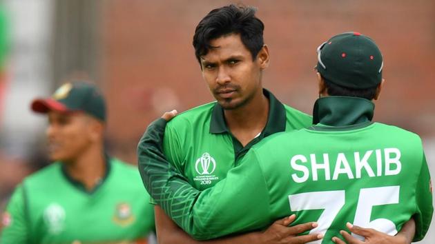 Bangladesh's Mustafizur Rahman (L) celebrates with Bangladesh's Shakib Al Hasan (R) after taking the wicket of West Indies' Andre Russell. (AFP) Bangladesh's Mustafizur Rahman (L) celebrates with Bangladesh's Shakib Al Hasan (R) after taking the wicket of West Indies' Andre Russell. (AFP)