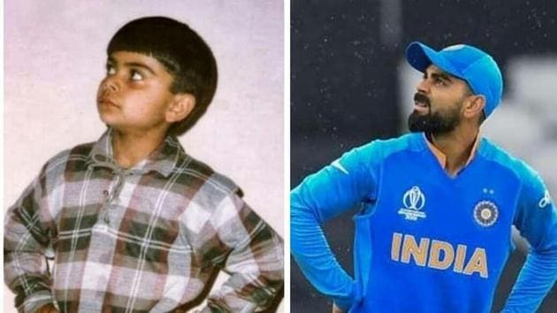 The image is a collage of two photos, one from his childhood and another from India-Pakistan match on Sunday. (Twitter/@imVkohli) The image is a collage of two photos, one from his childhood and another from India-Pakistan match on Sunday. (Twitter/@imVkohli)