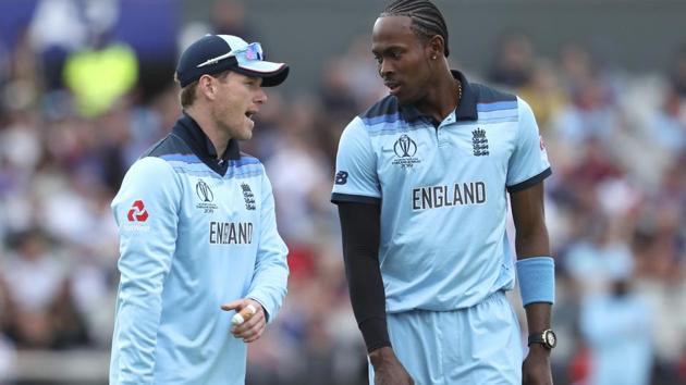 England's captain Eoin Morgan, left, speaks to Jofra Archer. (AP)