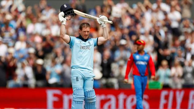 England's Eoin Morgan celebrates his century. (Action Images via Reuters)
