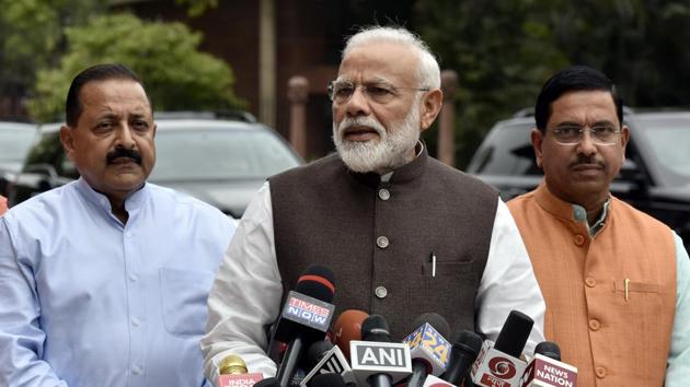 New Delhi, India - June 17, 2019: Prime Minister Narendra Modi addresses the media ahead of the first session of 17th Lok Sabha. (Sonu Mehta/HT PHOTO) New Delhi, India - June 17, 2019: Prime Minister Narendra Modi addresses the media ahead of the first session of 17th Lok Sabha. (Sonu Mehta/HT PHOTO)