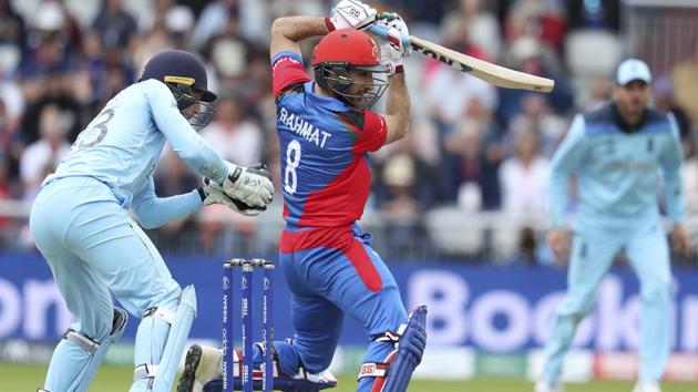 Afghanistan's Rahmat Shah bats during the Cricket World Cup match between England and Afghanistan. (AP)