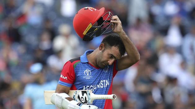 Afghanistan's Hashmatullah Shahidi leaves the field after being dismissed during the Cricket World Cup match between England and Afghanistan at Old Trafford in Manchester, England, Tuesday, June 18, 2019. (AP) Afghanistan's Hashmatullah Shahidi leaves the field after being dismissed during the Cricket World Cup match between England and Afghanistan at Old Trafford in Manchester, England, Tuesday, June 18, 2019. (AP)