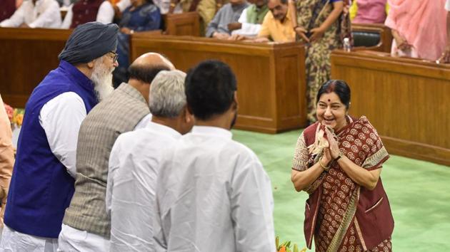 Bharatiya Janata Party (BJP) stalwarts, former external affairs minister Sushma Swaraj and former Lok Sabha speaker Sumitra Mahajan, signalled the end of their legislative careers on Tuesday when the former applied for and the latter secured ex-member of Parliament identity cards, effectively ruling out the chances of them winning party nominations to the Rajya Sabha. (Manvender Vashist / PTI)