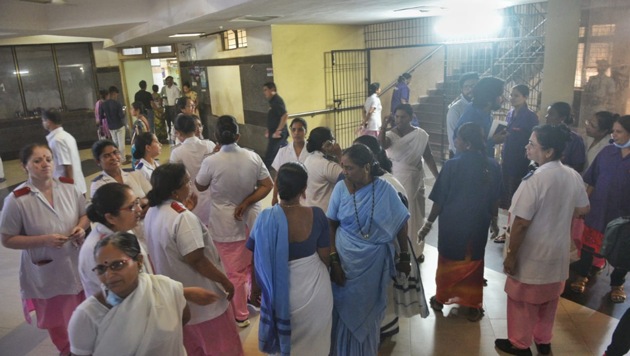 Doctors and nurses speak with hospital management about fight between doctor and patient at Dr. Babasaheb Ambedkar Municipality Hospital in Kandivali.((Photo by Satyabrata Tripathy/HT photo))