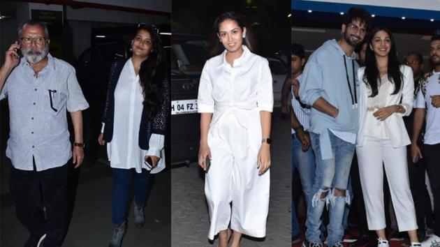 Pankaj Kapur with daughter Sanah Kapoor, Mira Rajput, Shahid Kapoor and Kiara Advani at Kabir Singh screening.(Varinder Chawla)