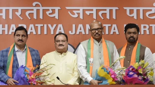 TDP Rajya Sabha MP’s joining BJP in the presence of working president J P Nadda at BJP HQ in New Delhi. (Photo: Vipin Kumar/ HT) TDP Rajya Sabha MP’s joining BJP in the presence of working president J P Nadda at BJP HQ in New Delhi. (Photo: Vipin Kumar/ HT)