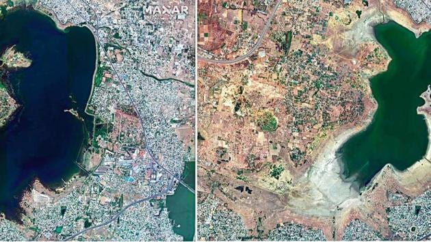 A satellite image taken by Maxar Technologies shows the depleting water levels of Redhills (or Puzhal) reservoir, one of the big four that supplies water to Chennai, on June 15, 2018, and April 6, 2019.(AP)
