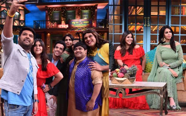 Kapil Sharma, Ekta Kapoor, Tusshar Kapoor, Mallika Sherawat, Kiku Sharda and Krushna Abhishek on sets of The Kapil Sharma Show.