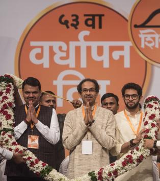 CM Devendra Fadnavis (left), Shiv Sena chief Uddhav Thackeray and Yuva Sena chief Aaditya Thackeray at Sena’s 53rd foundation day event on Wednesday.(Satish Bate/HT Photo) CM Devendra Fadnavis (left), Shiv Sena chief Uddhav Thackeray and Yuva Sena chief Aaditya Thackeray at Sena’s 53rd foundation day event on Wednesday.(Satish Bate/HT Photo)
