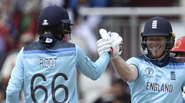 Manchester: England's captain Eoin Morgan, right, celebrates with teammate Joe Root. (PTI) Manchester: England's captain Eoin Morgan, right, celebrates with teammate Joe Root. (PTI)