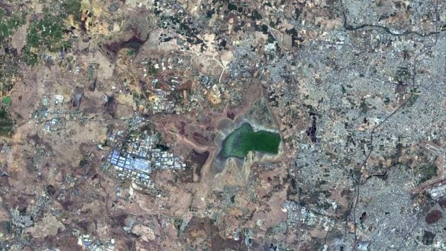 This June 15, 2019, Copernicus Sentinel-2 Satellite image provided by Maxar Technologies shows Chembarambakkam Lake in Chennai, India during the drought. Millions of people are turning to water tank trucks in Tamil Nadu as house and hotel taps run dry because of an acute water shortage caused by drying lakes and depleted groundwater.(AP) This June 15, 2019, Copernicus Sentinel-2 Satellite image provided by Maxar Technologies shows Chembarambakkam Lake in Chennai, India during the drought. Millions of people are turning to water tank trucks in Tamil Nadu as house and hotel taps run dry because of an acute water shortage caused by drying lakes and depleted groundwater.(AP)