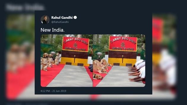 The text accompanying the photos said “New India”has sparked a controversy on the International Yoga Day. (Photo: Screengrab/ Twitter) The text accompanying the photos said “New India”has sparked a controversy on the International Yoga Day. (Photo: Screengrab/ Twitter)