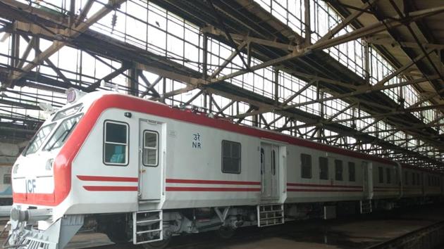 The prototype MEMU train has features similar to Train18 or Vande Bharat Express. All electrics on the train is situated on the under slung, that would allow accommodation of additional passengers.(HT Photo)