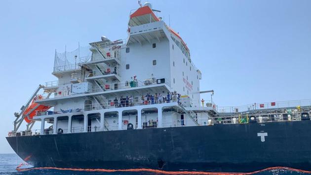A picture taken during a guided tour by the US Navy (NAVCENT) shows the damage of Japanese oil tanker Kokuka Courageous off the port of Fujairah, United Arab Emirates. The Japanese tanker attacked in the Gulf of Oman last week was damaged by a limpet mine resembling Iranian mines, the US military in the Middle East said. (Mumen Khatib / AFP)