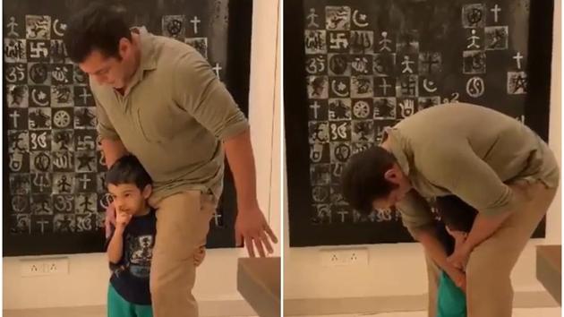 Salman Khan and his nephew Ahil Sharma in a new video.(Instagram) Salman Khan and his nephew Ahil Sharma in a new video.(Instagram)