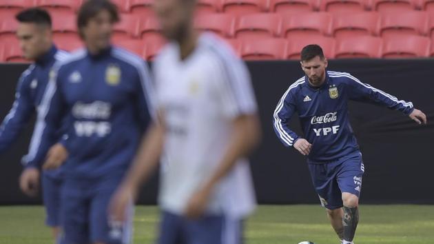 Argentina's Lionel Messi takes part in a training session in Porto Alegre. (AFP) Argentina's Lionel Messi takes part in a training session in Porto Alegre. (AFP)