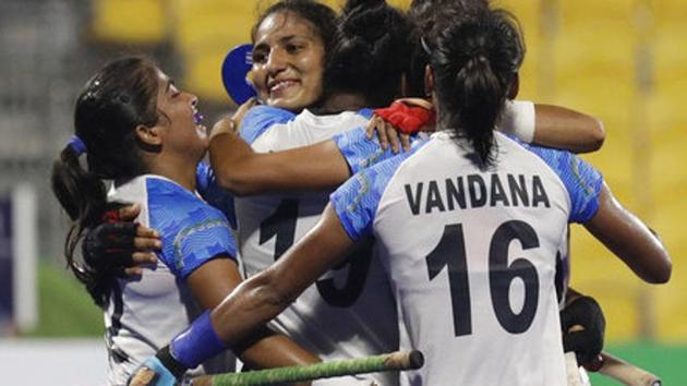 File image of players of Indian women’s hockey team celebrate after scoring a goal.(AP)