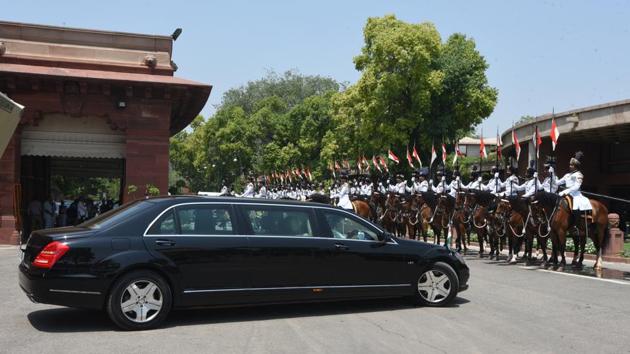 The President's bodyguards present a salute to President Ram Nath Kovind as he leaves Parliament House after addressing the joint session of Parliament, in New Delhi. (Sonu Mehta / HT Photo) The President's bodyguards present a salute to President Ram Nath Kovind as he leaves Parliament House after addressing the joint session of Parliament, in New Delhi. (Sonu Mehta / HT Photo)