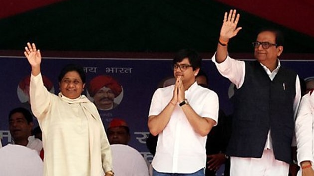 Seen here is BSP chief Mayawati with nephew Akash Anand (middle) and party leader Satish Chandra Mishra. (Photo @samajwadiparty) Seen here is BSP chief Mayawati with nephew Akash Anand (middle) and party leader Satish Chandra Mishra. (Photo @samajwadiparty)
