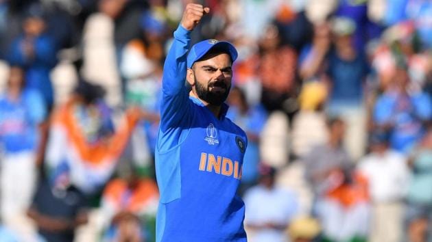 India's captain Virat Kohli celebrates after victory in the 2019 Cricket World Cup group stage.(AFP)