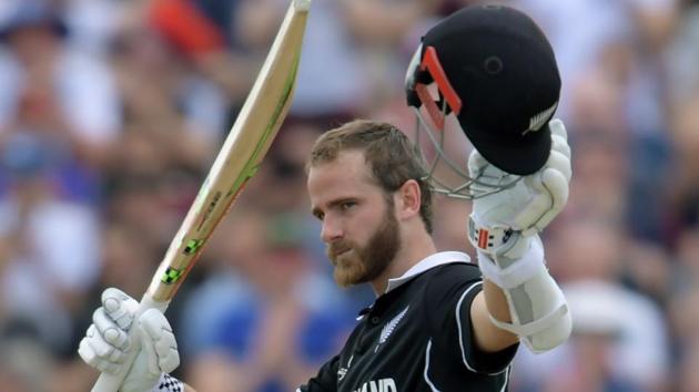 New Zealand's captain Kane Williamson celebrates after scoring a century.(AFP)