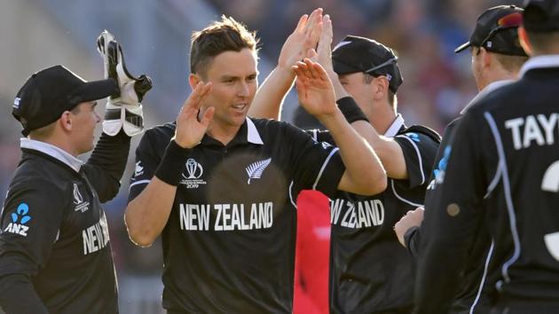 New Zealand's Trent Boult (C) celebrates with teammates after taking the wicket of West Indies' Ashley Nurse. (AFP) New Zealand's Trent Boult (C) celebrates with teammates after taking the wicket of West Indies' Ashley Nurse. (AFP)