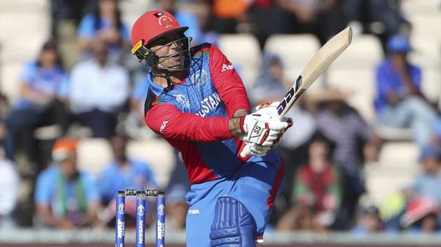 Afghanistan's Mohammad Nabi bats during the Cricket World Cup match between India and Afghanistan.(AP)